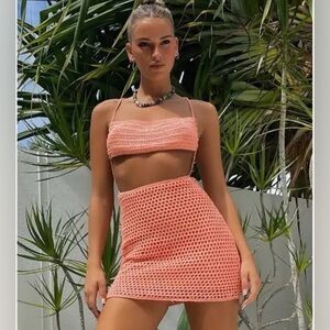 Tiger Mist Peach Crochet Two-Piece Skirt Set